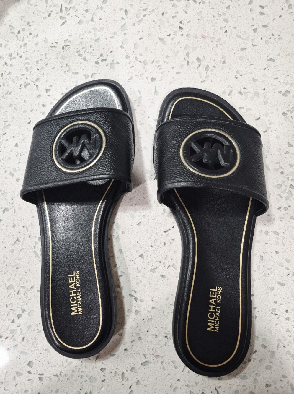 Michael Kors Black Slide Sandals with Gold Trim Size 6